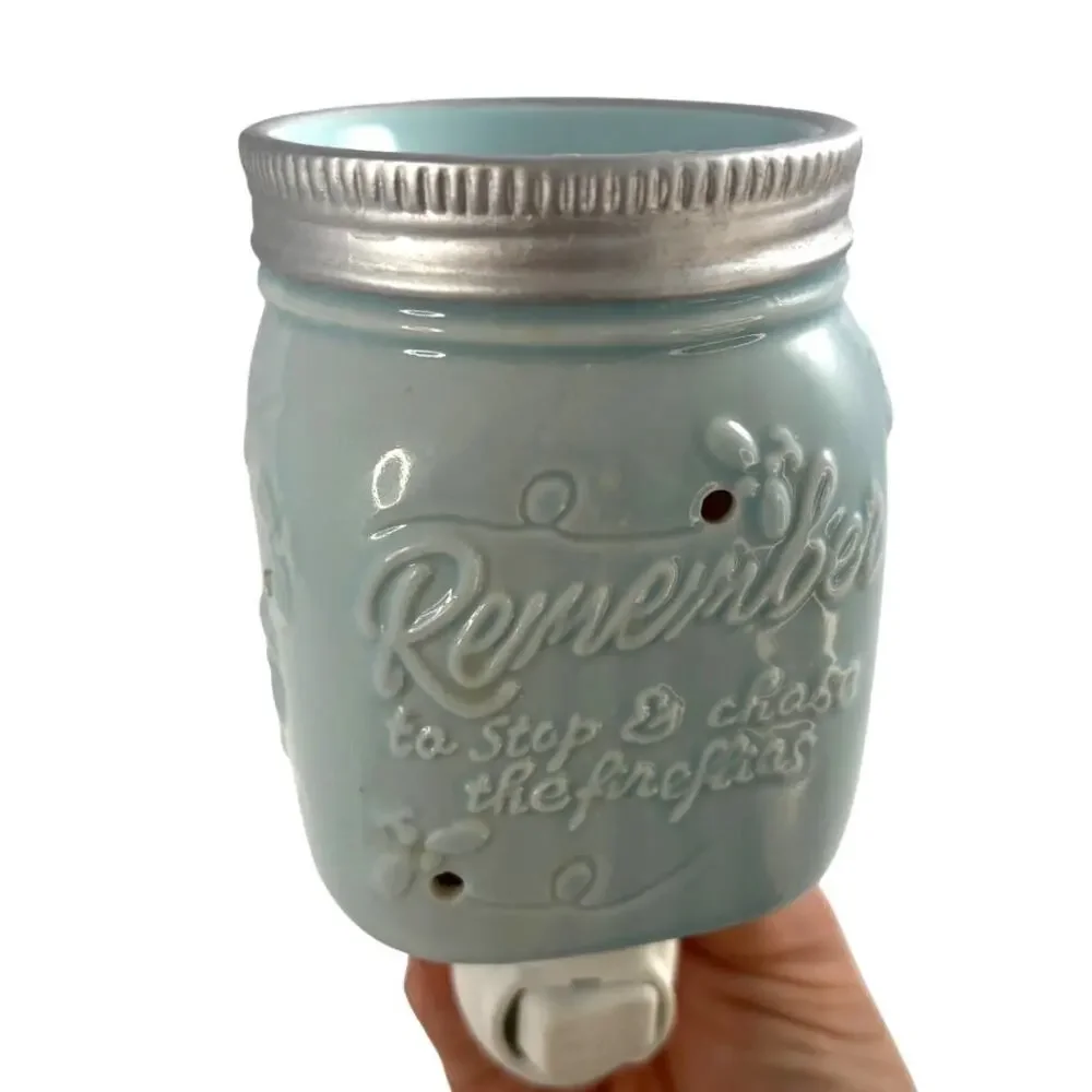 Scentsy Blue Mason Jar‎ Plug-In Warmer Fireflies Night Light Glass Wax Melt